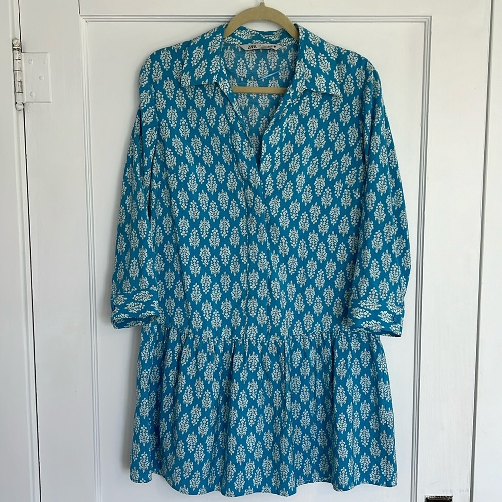 Zara blue white pink floral collared women’s shirt dress small